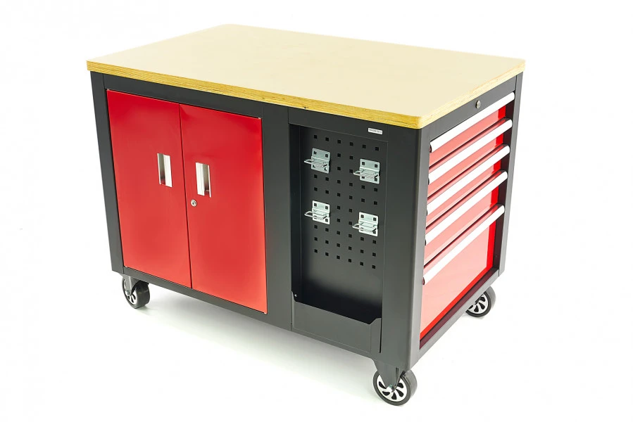 HBM Verrijdbare Gereedschapswagen, Werkbank Met Houten Werkblad 10 Laden, Rood Zwart 3 HBM Verrijdbare Gereedschapswagen, Werkbank Met Houten Werkblad 10 Laden, Rood Zwart